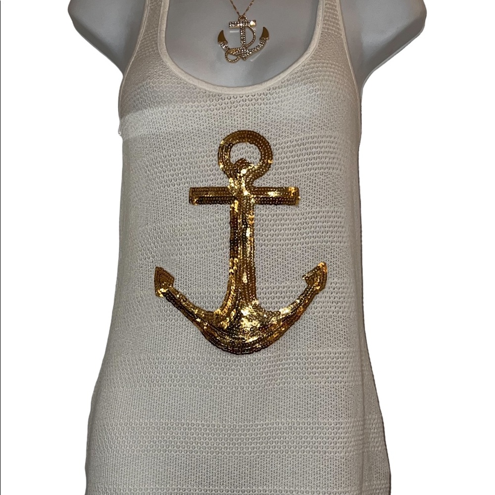 ADORABLE TANK WITH GOLD SEQUINED EMBELLISHED ANCHOR - SZ SMALL